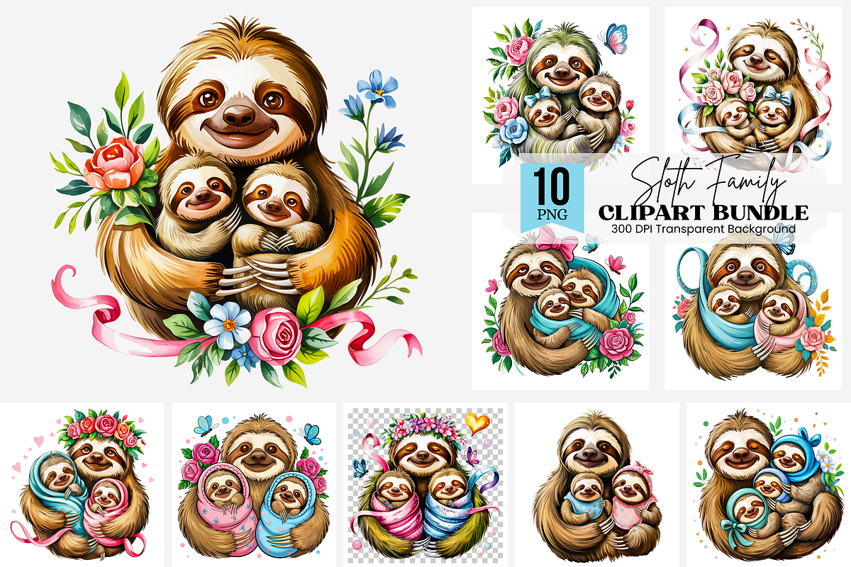 Mother Sloth Holding Baby Sloths PNG, a Graphic by Clipart Bloom (Photo 1 of 11)