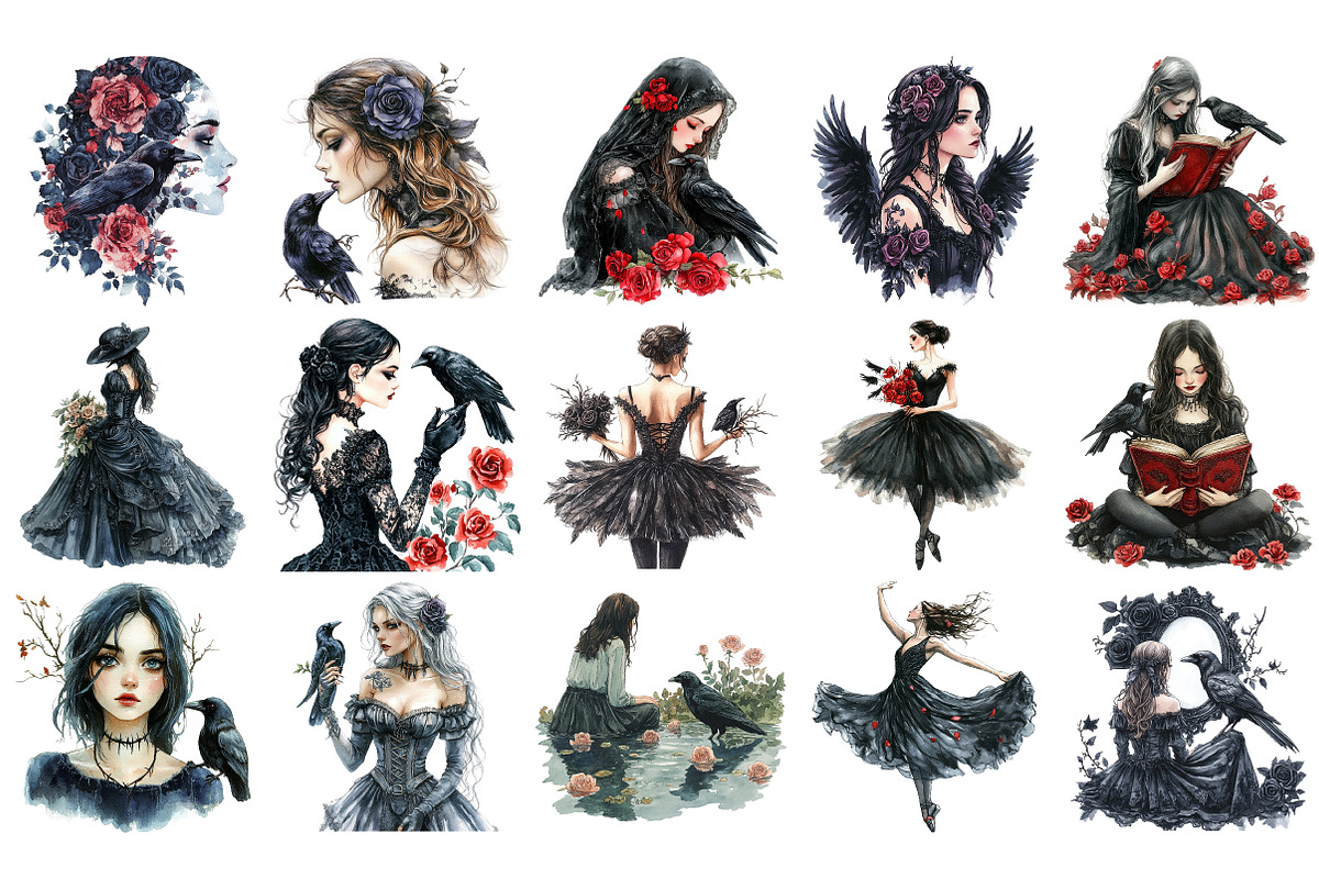 Gothic Girls with raven and roses, an Illustration by Craft Nest (Photo 2 of 5)