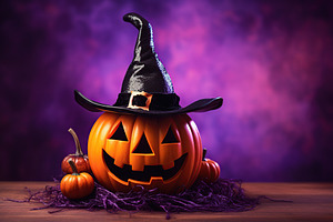 Halloween pumpkin in witches hat on violet background, a Holiday Photo by AlyaAnd