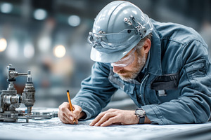 Engineer designing plans in industrial setting wearing safety gear and focused, an Industrial Photo by AS photostudio