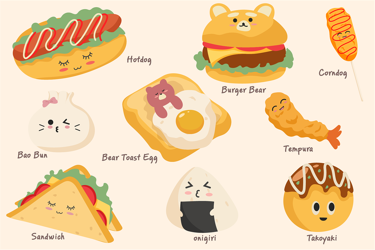 Funny Kawaii Food - Flat Vector, an Object Graphic by Artnivora.Std (Photo 2 of 4)
