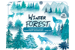 Watercolor winter forest clipart set
