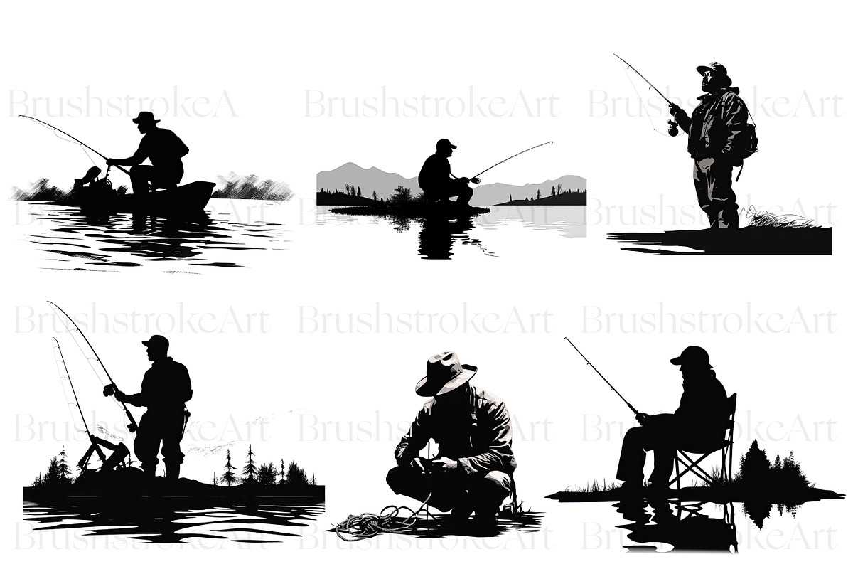 Fishing Silhouette Clipart, Line Art, an Illustration by BrushstrokeArtGB (Photo 2 of 9)