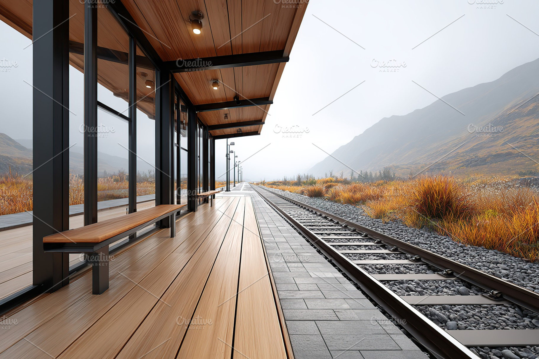 Modern train station platform in a scenic landscape during a foggy day, a Transportation Photo by AlyaAnd