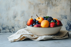 Ceramic bowl with fresh and ripe fruits, a Food & Drink Photo by AlyaAnd
