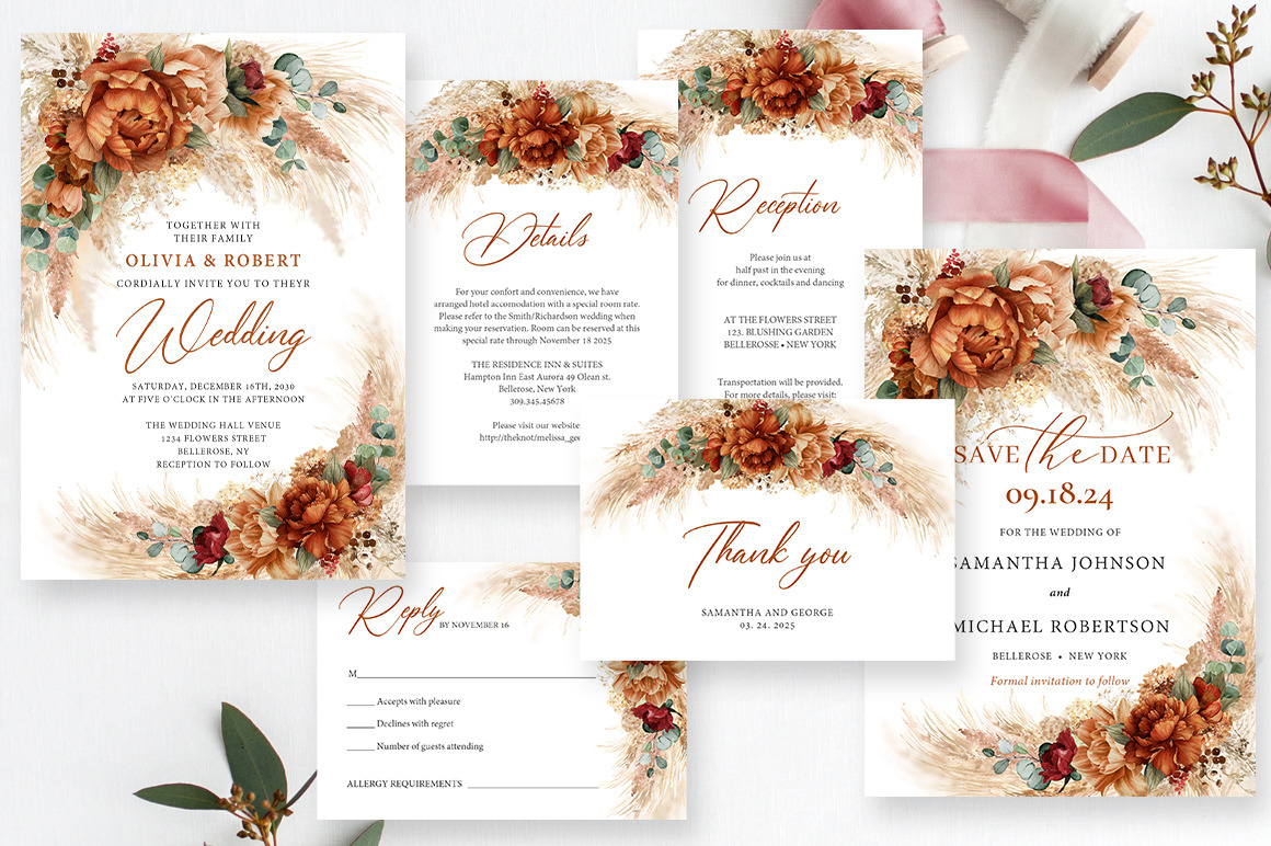 Boho Terracotta Pampas Wedding Suite, an Invitation Template by ...