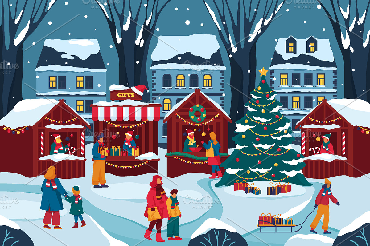 Xmas fair in park, winter landscape, a Decorative Illustration by GenziWorkshop