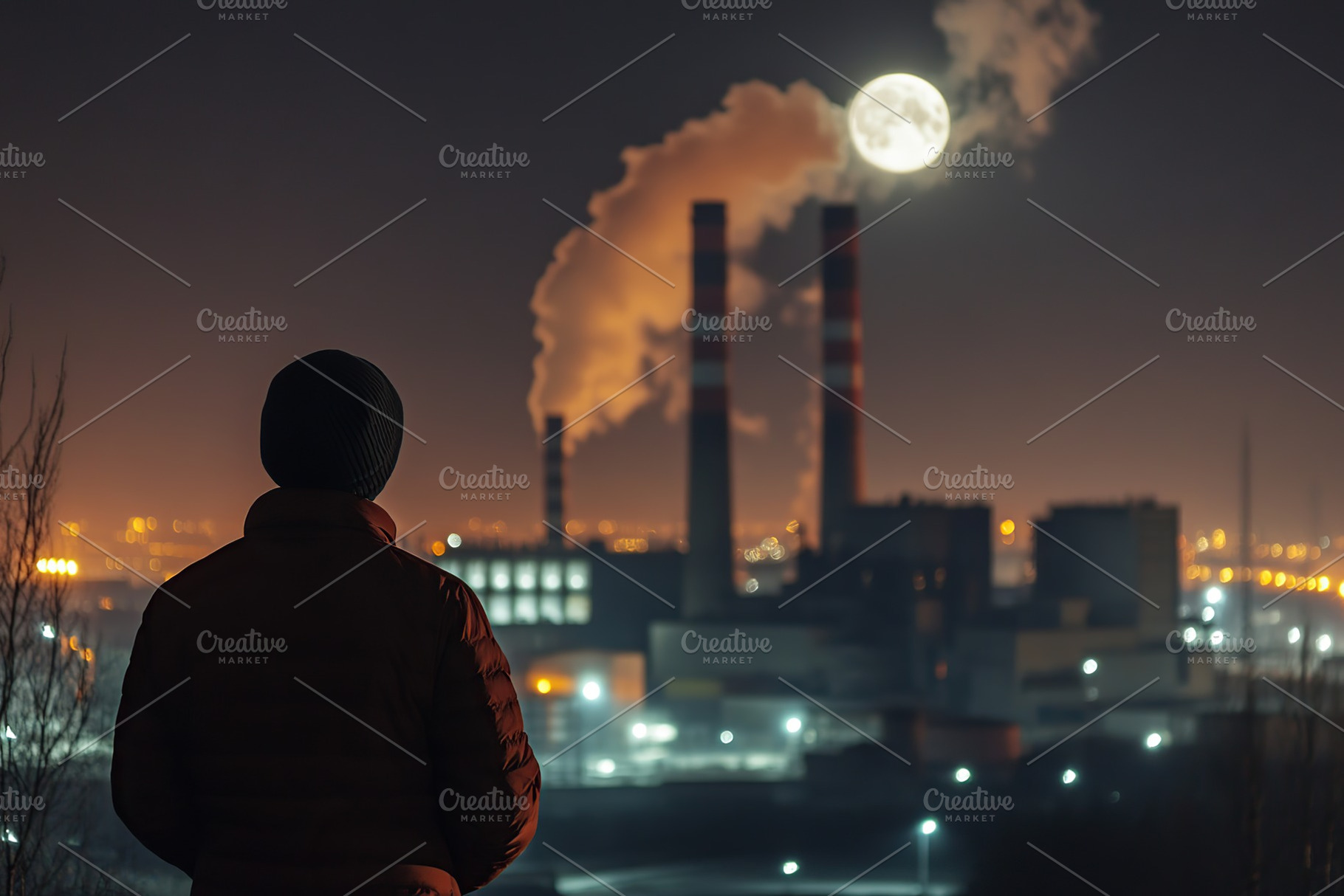 Back view of man looking on smoke emissions from thermal power plant, an Industrial Photo by AlyaAnd