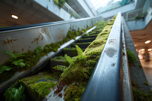 Escalator overtaken by lush moss and ferns in abandoned urban space, a Photo by AlyaAnd