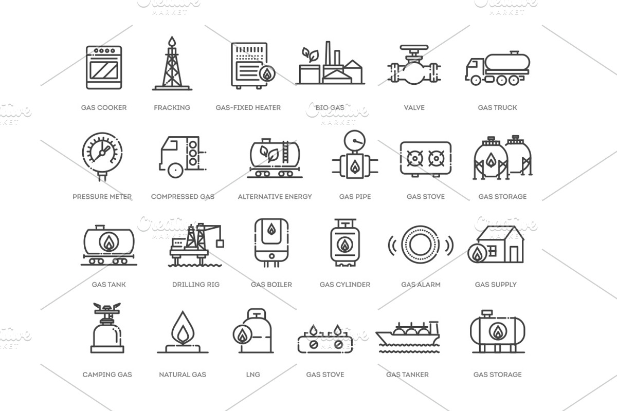Set of Natural Gas line icons, an Outline Icon by Tettygreen (Photo 2 of 2)