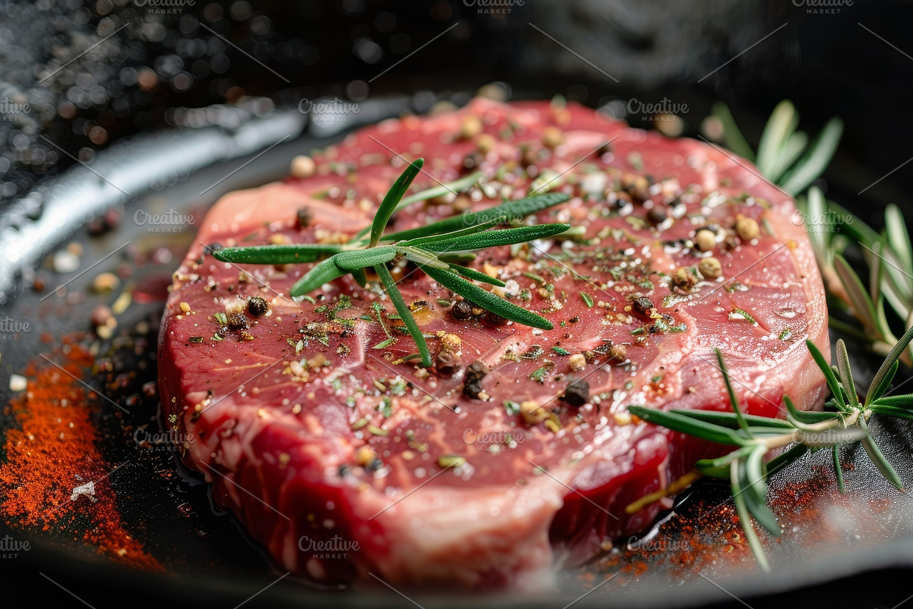 Raw steak seasoned with spices and f, a Photo by Tanuart