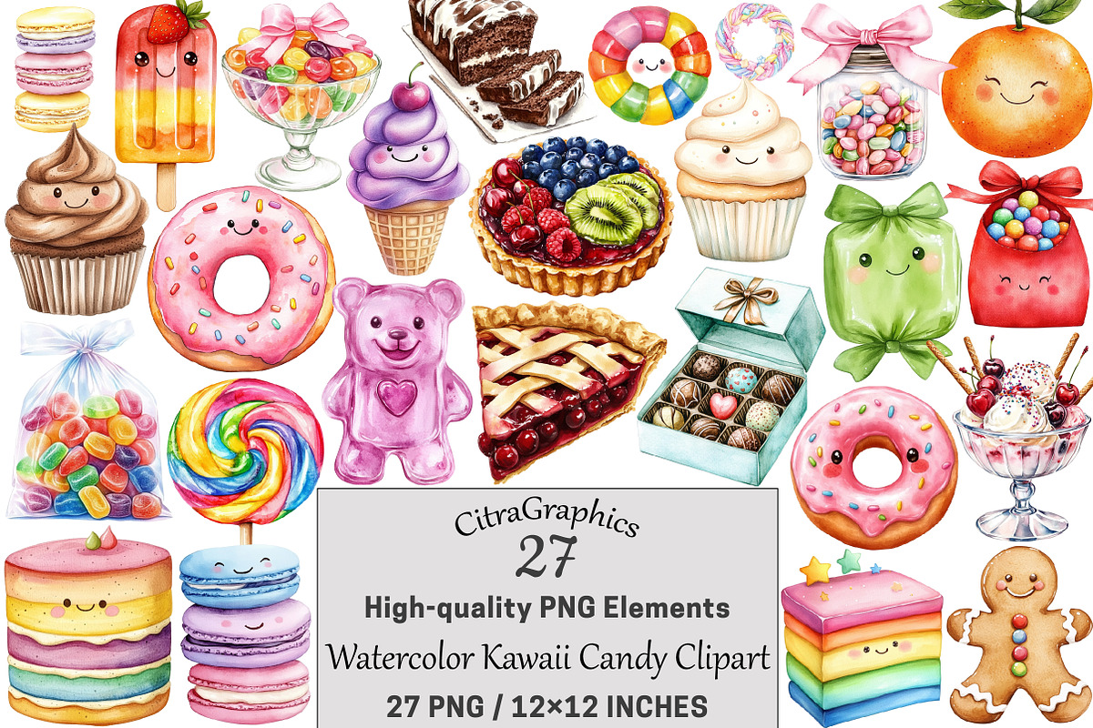 Watercolor Kawaii Candy Clipart, a Seasonal Illustration by CitraGraphics (Photo 1 of 4)
