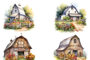 Watercolor Farm Country Barn Clipart