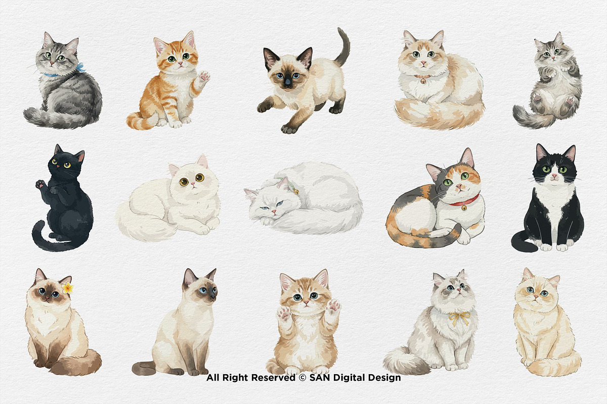 15 Bundle Watercolor Lazy Cats Kiten, an Animal Illustration by Morspective (Photo 8 of 8)