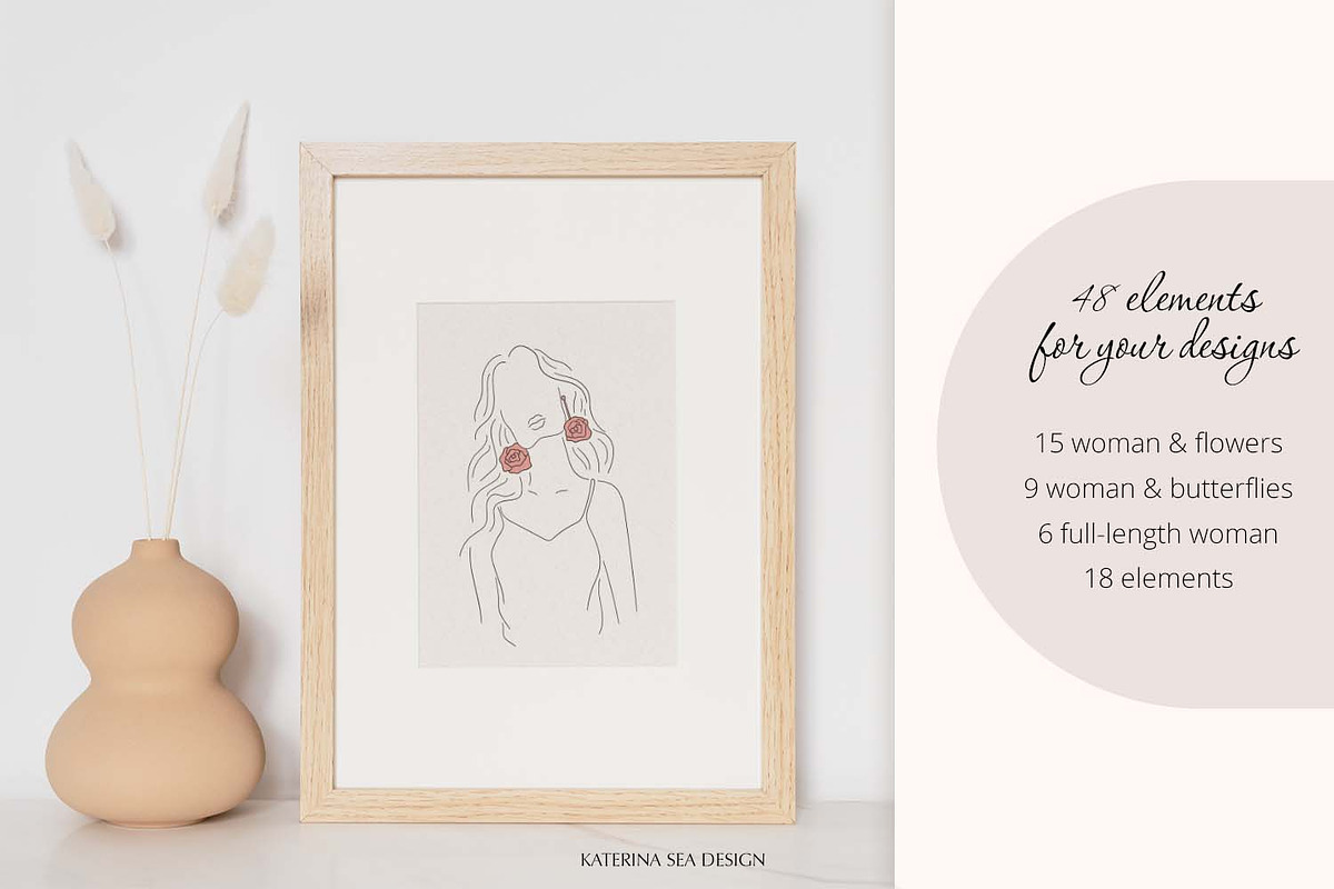 Line art floral woman & elements, a Person Illustration by Katerina.Sea.Design (Photo 2 of 10)