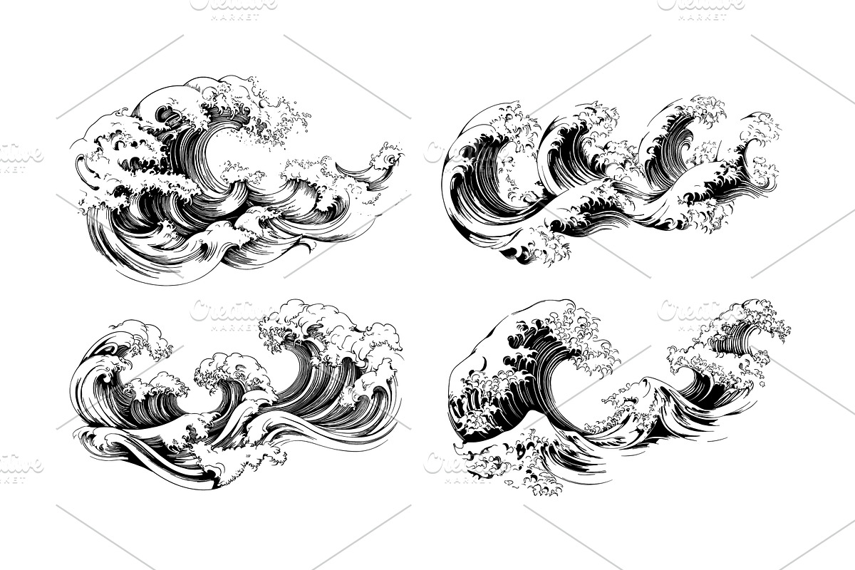 Black ink sketch ocean waves. Curly, an Illustration by Stock-Smart-Start