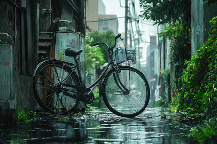 Bicycle parked in muddy alley during, a Photo by Iftikhar Alam