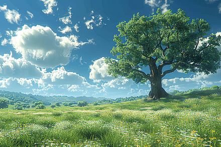 Lush green field under blue skies wi, a Photo by LOGOCREATIVE