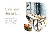 Watercolor Cafe and Sushi Bar, a Food Illustration by Budogoshch (Thumbnail 1 of 4)
