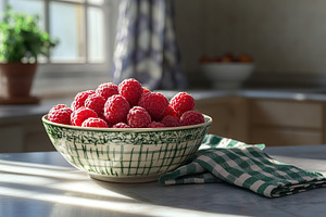 Fresh ripe red raspberries in a ceramic bowl on a kitchen countertop with natur, a Food & Drink Photo by AlyaAnd