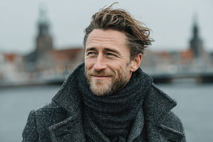 Smiling man with tousled hair and beard wearing wool coat and sc, a Person Photo by José Manuel Gelpi