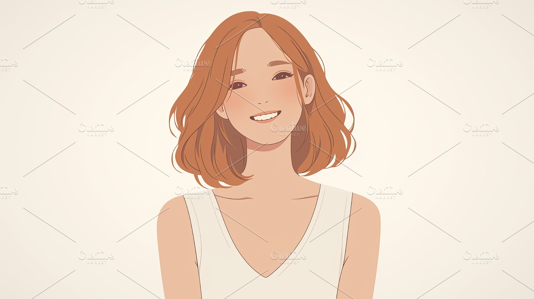 Illustration of a smiling woman with ginger hair and a white outfit, a Photo by AS photostudio