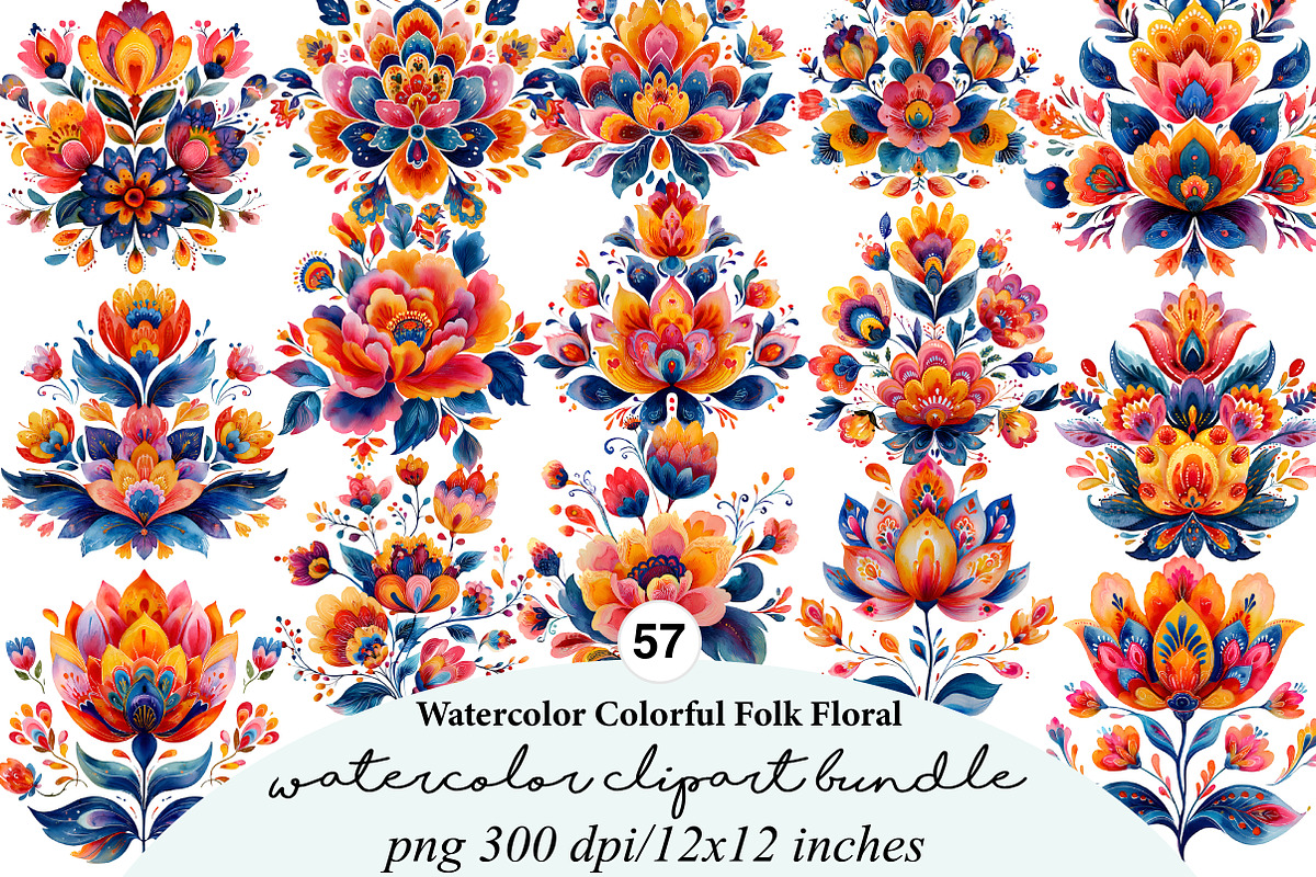 Watercolor Colorful Folk Floral, an Illustration by Digital Artistic99 (Photo 1 of 9)