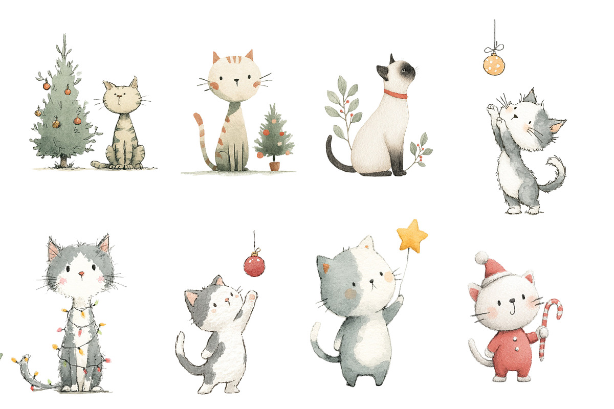 Watercolor Christmas cat clipart, an Illustration by Designworld (Photo 2 of 4)