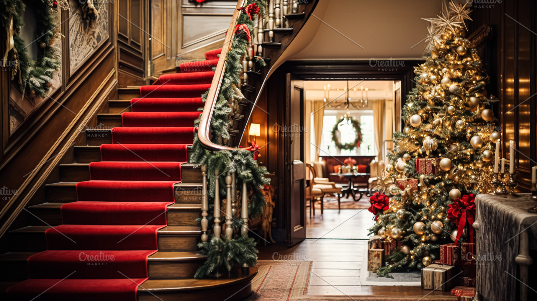 Christmas at the manor, grand entrance hall with staircase and C, a Holiday Photo by Anneleven