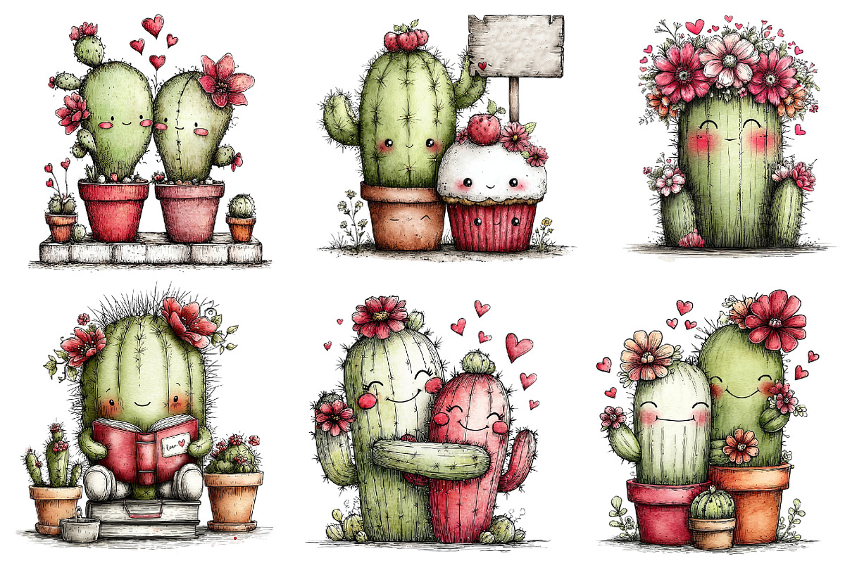 Whimsical Cactus Valentine's Clipart, an Illustration by Dream Creation (Photo 4 of 6)