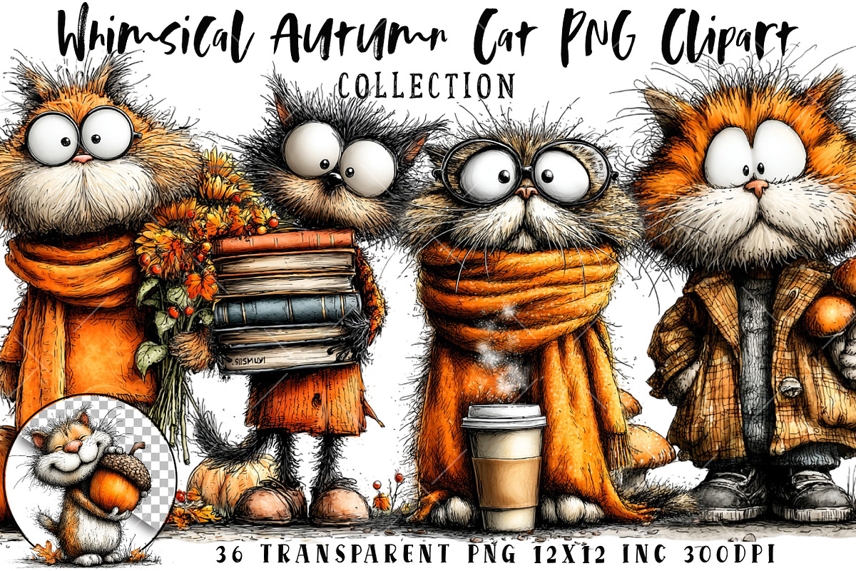 Whimsical Autumn Cat PNG Clipart, an Illustration by OK Design (Photo 1 of 6)