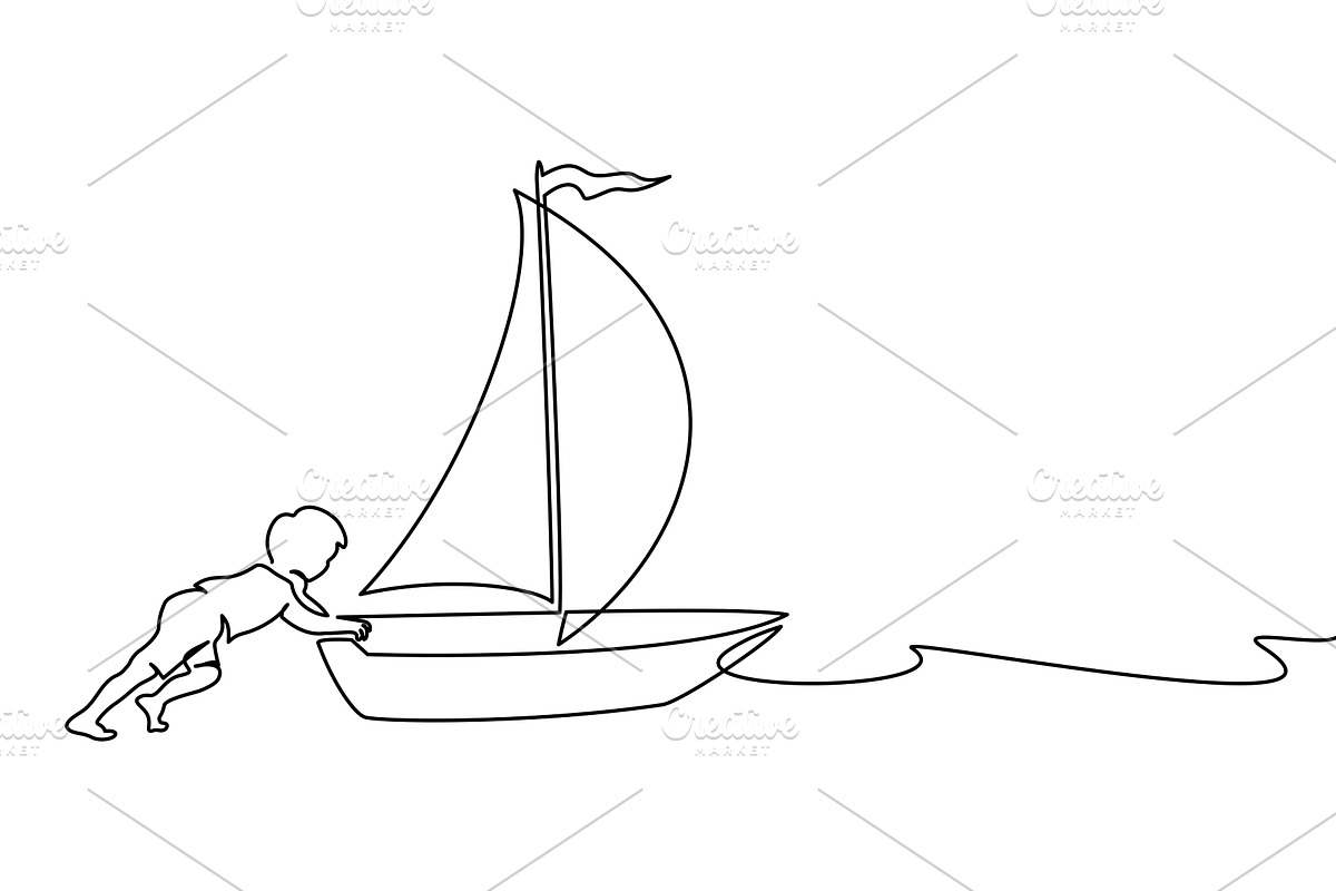 Boy push sailboat to sea. Continuous, a Seasonal Illustration by Valenty