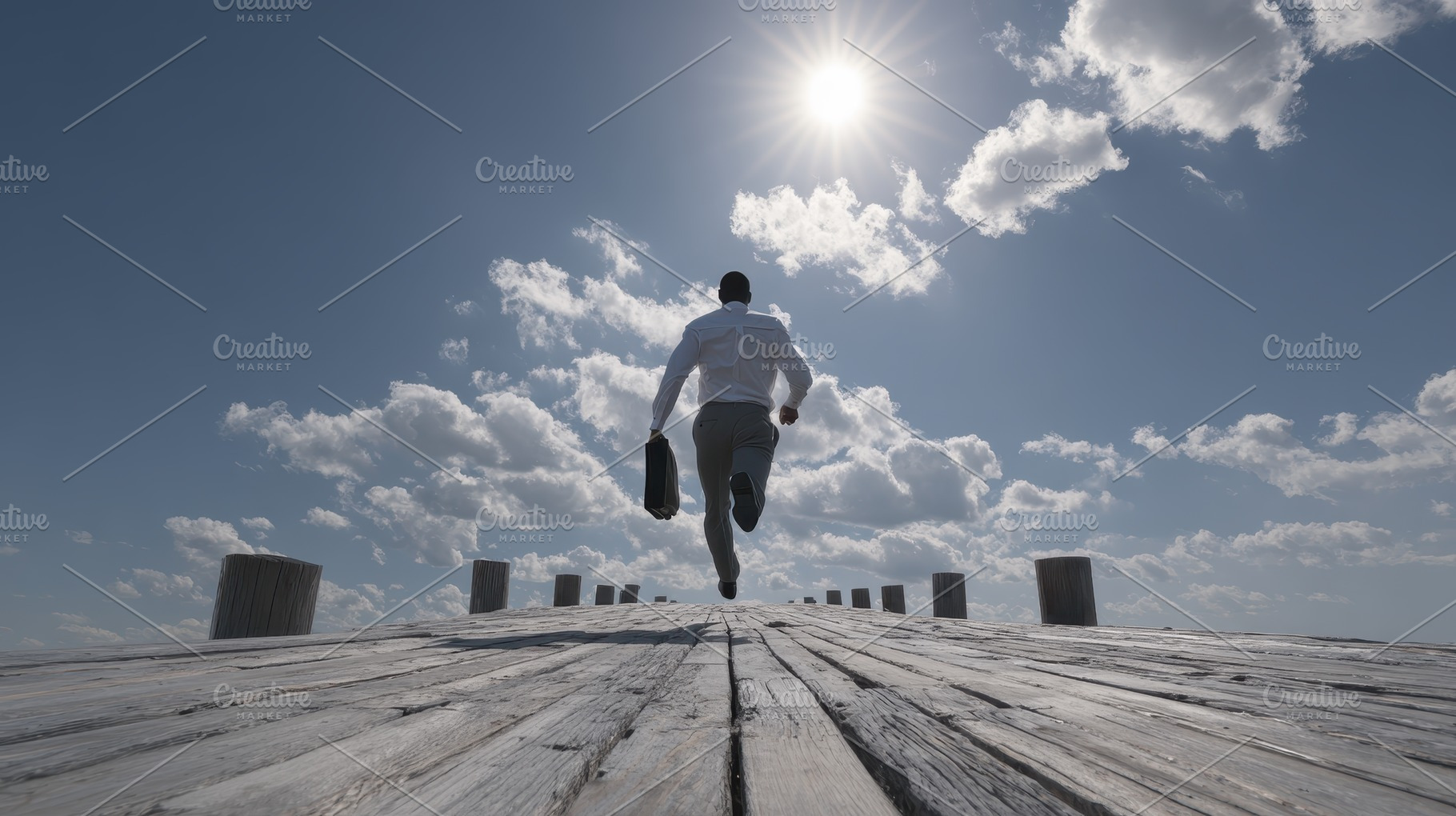 Businessman Running Towards the Sun, a Photo by Pixeness Studio