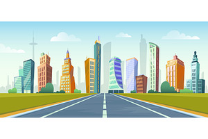 Cartoon Wide Road To Town. Welcoming