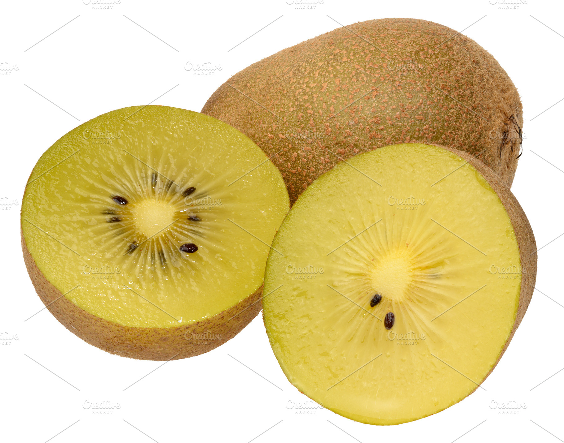 A whole golden kiwi fruit and its two juicy halves with bright y, a Food & Drink Photo by ndanko