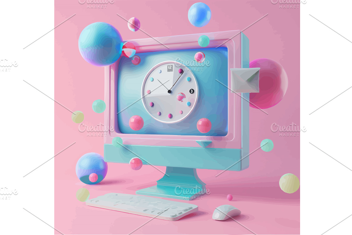 Pastel retro computer with clock, a Technology Illustration by AlexArt