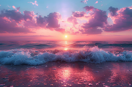 Stunning Pink-Purple Sunrise Over the Kiev Sea with Vibrant Sunlight and Waves, a Photo by AS photostudio