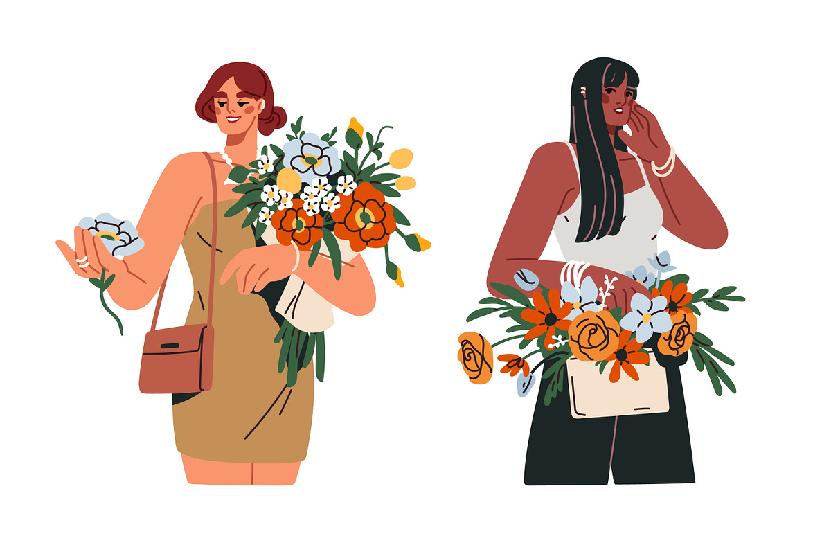 Happy women with flower bouquets set, a Person Illustration by Good Studio (Photo 7 of 12)