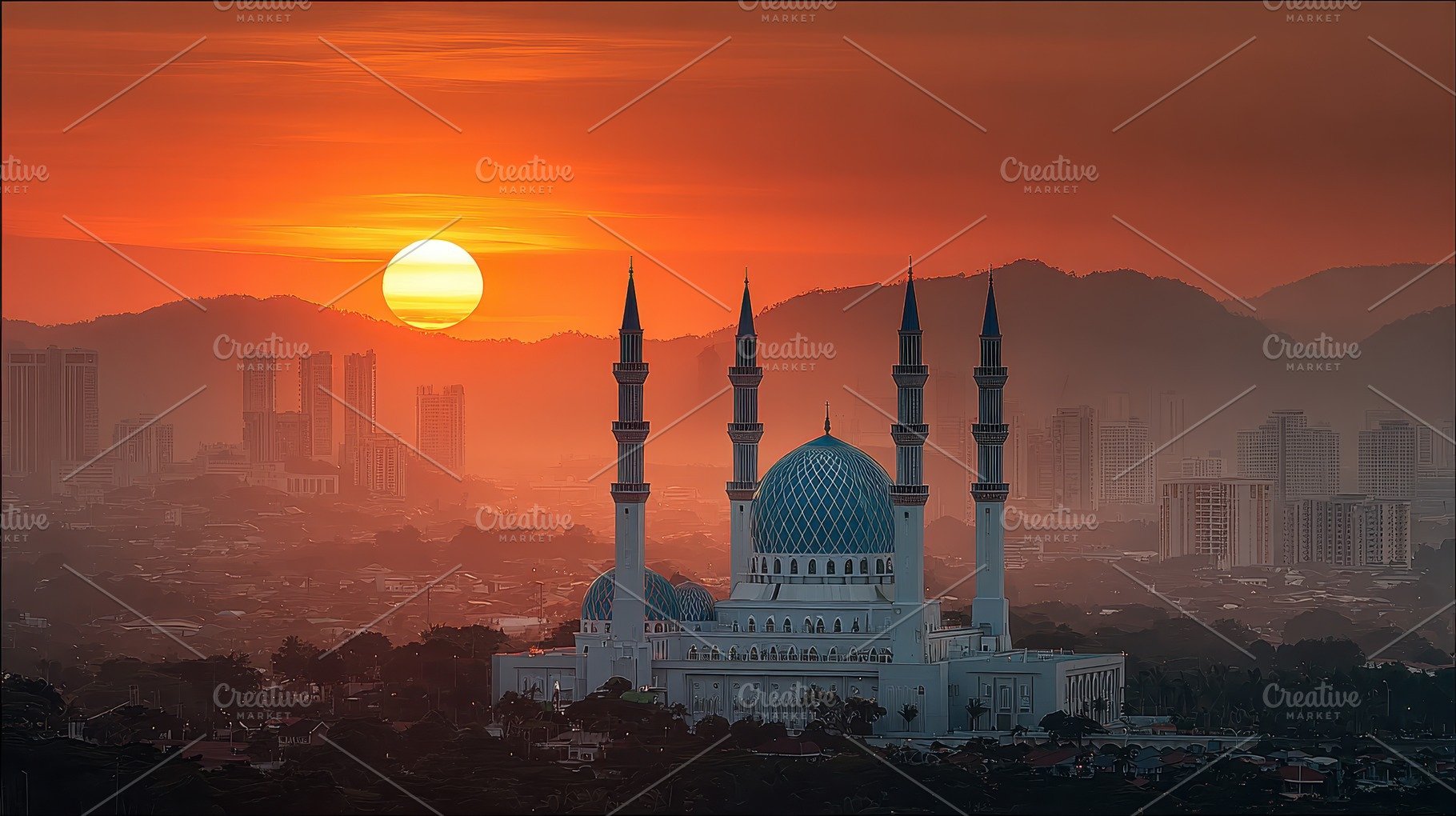 Majestic Mosque Sunset Cityscape Stu, a Photo by Pixeness Studio