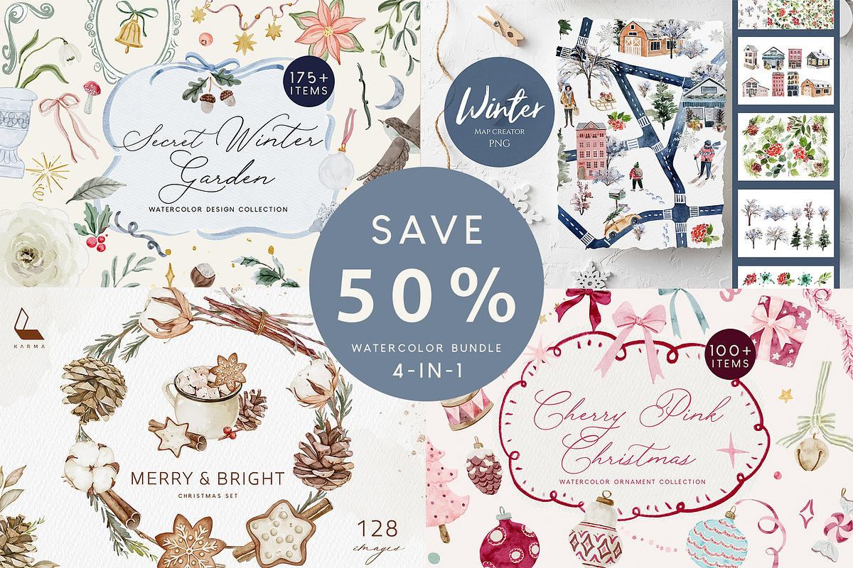 Christmas Watercolor Mega Bundle, a Decorative Illustration by Karma (Photo 1 of 28)