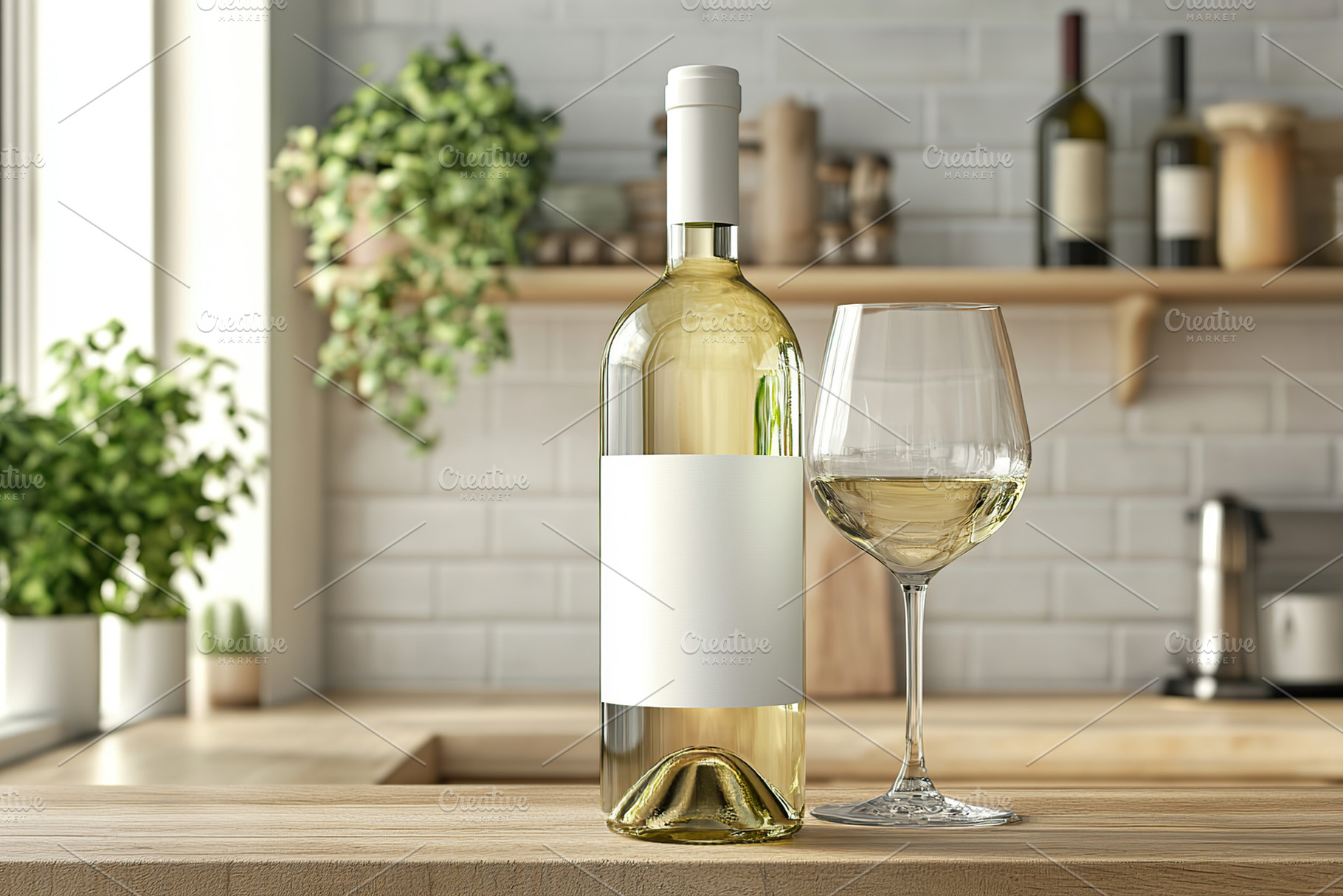 Elegant white wine bottle with blank label beside a glass on a w, a Food & Drink Photo by AlyaAnd