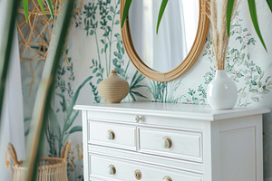 Fresh cut spring flowers in vase on chest of drawers in bedroom, a Beauty & Fashion Photo by AlyaAnd