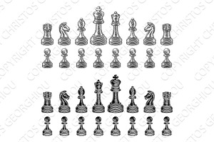 Chess Pieces Set Vintage Woodcut