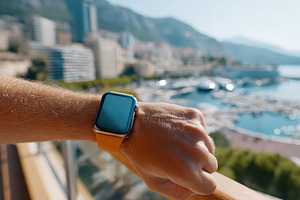 Wrist with projected AI overlay in a coastal city during bright daylight, a Photo by AlyaAnd