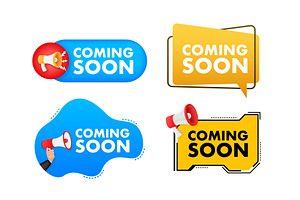 Megaphone label set with text coming
