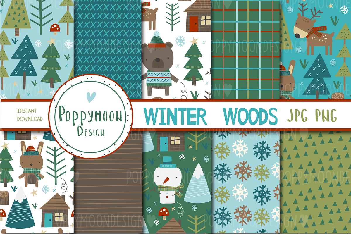 Winter Woods paper set, a Pattern Graphic by Poppymoondesign (Photo 1 of 3)