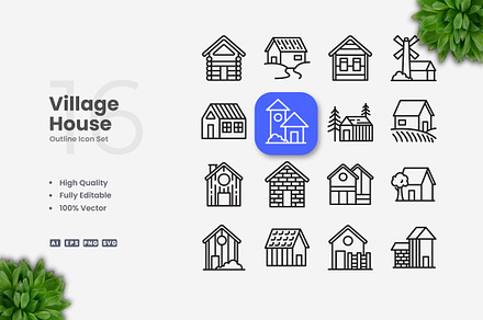 Village House Outline Icons, an Outline Icon by Upnowgraphic