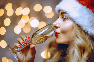 Detail of woman drinking sparkling wine with background golden b, a Holiday Photo by Davizro's Market