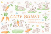 Cute bunny watercolor clipart set, an Illustration by susie-p-art (Thumbnail 1 of 16)