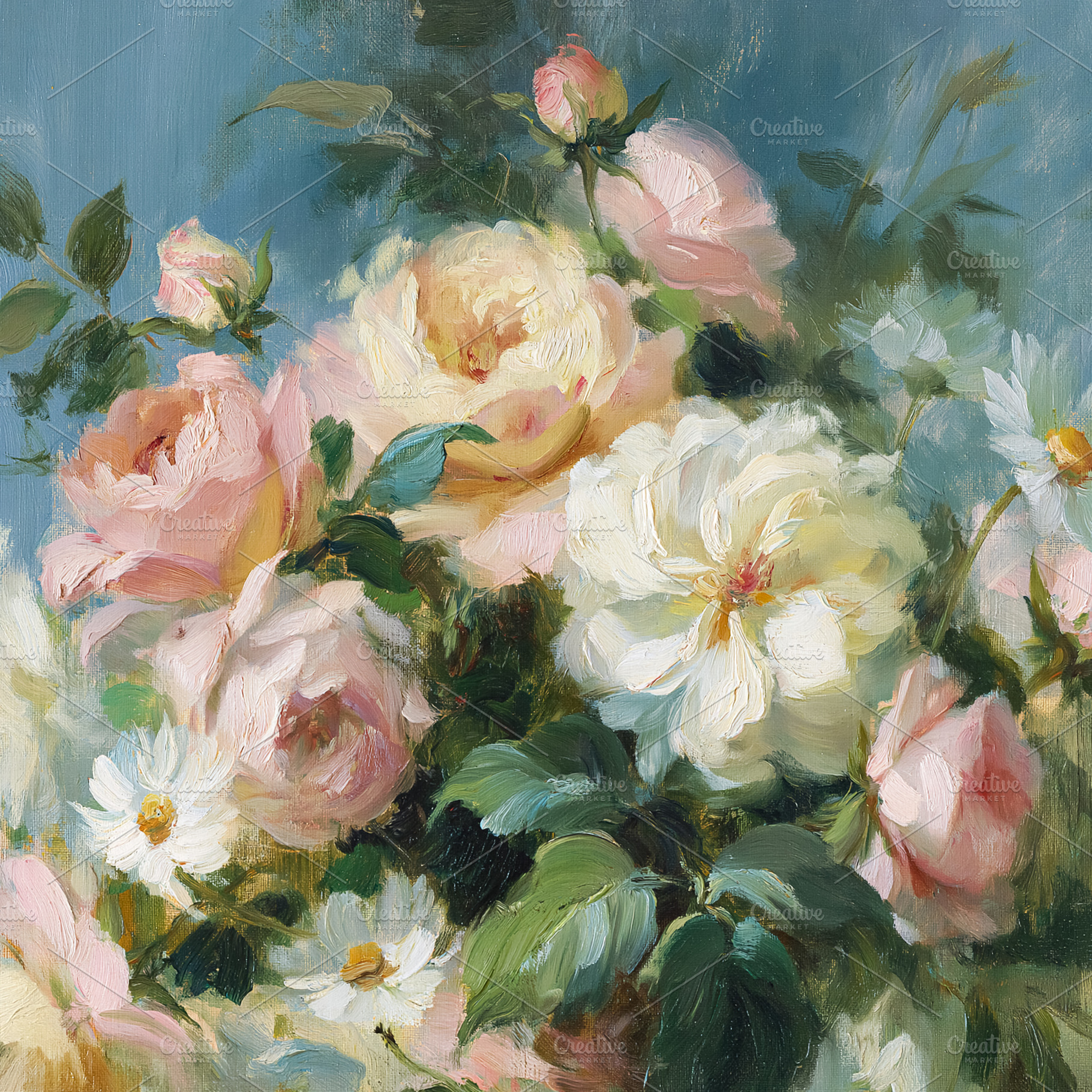 Oil painting presenting a delicate bouquet of blooming roses and, a Photo by Anneleven